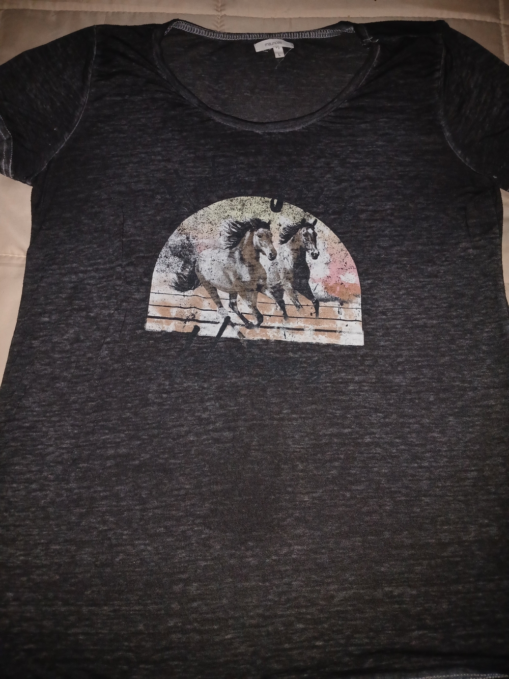 Maurices Charcoal Gray Short Sleeve Tee with Running Horses Graphic